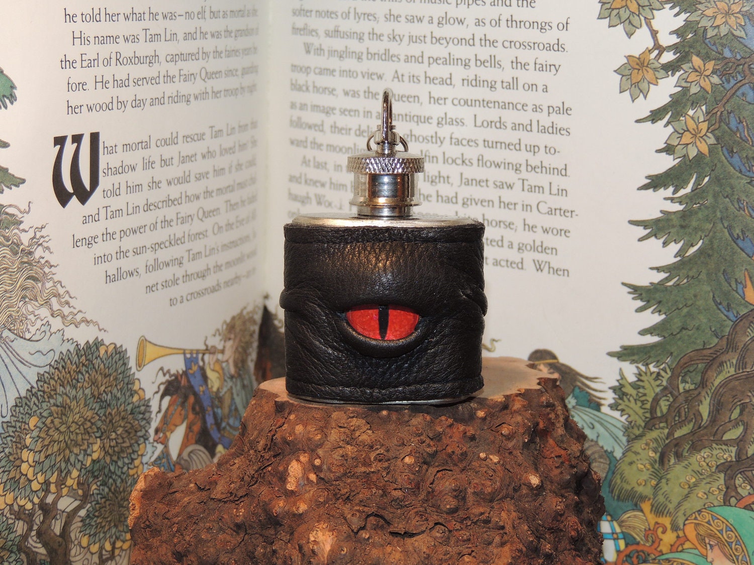 1 oz red dragon eye flask with black leather cuff and keychain hook
