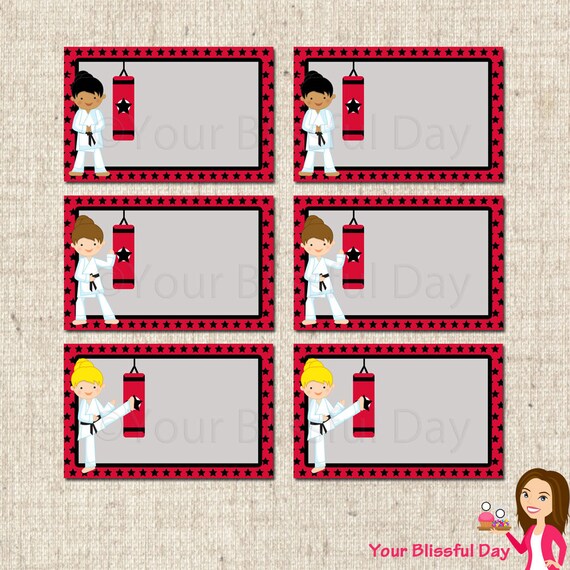 PRINTABLE Girl Karate Party Label Tents (Character of your choice) Il_570xn