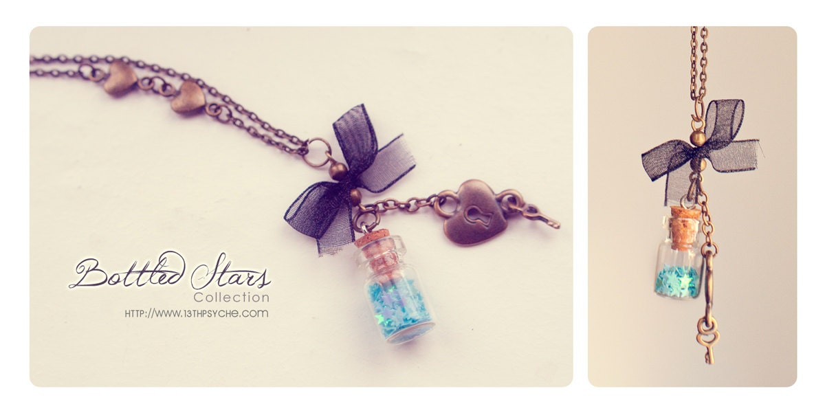 Black lace Tiny glass Bottle Necklace, with glitter stars. CUSTOM STARS COLOR. Glass Vial necklace miniature Bottle Pendant Cute Necklace