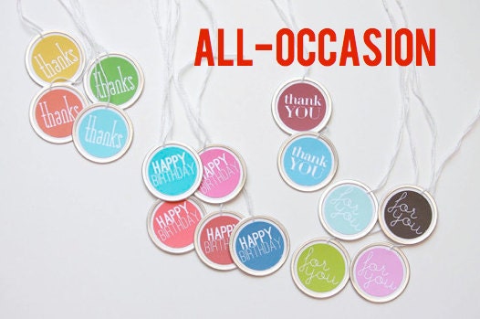 Gift Tag Present Package Labels (15) Set of 15 Small Round Tags . Metal-Rimmed Colorful .  Birthday Thank You