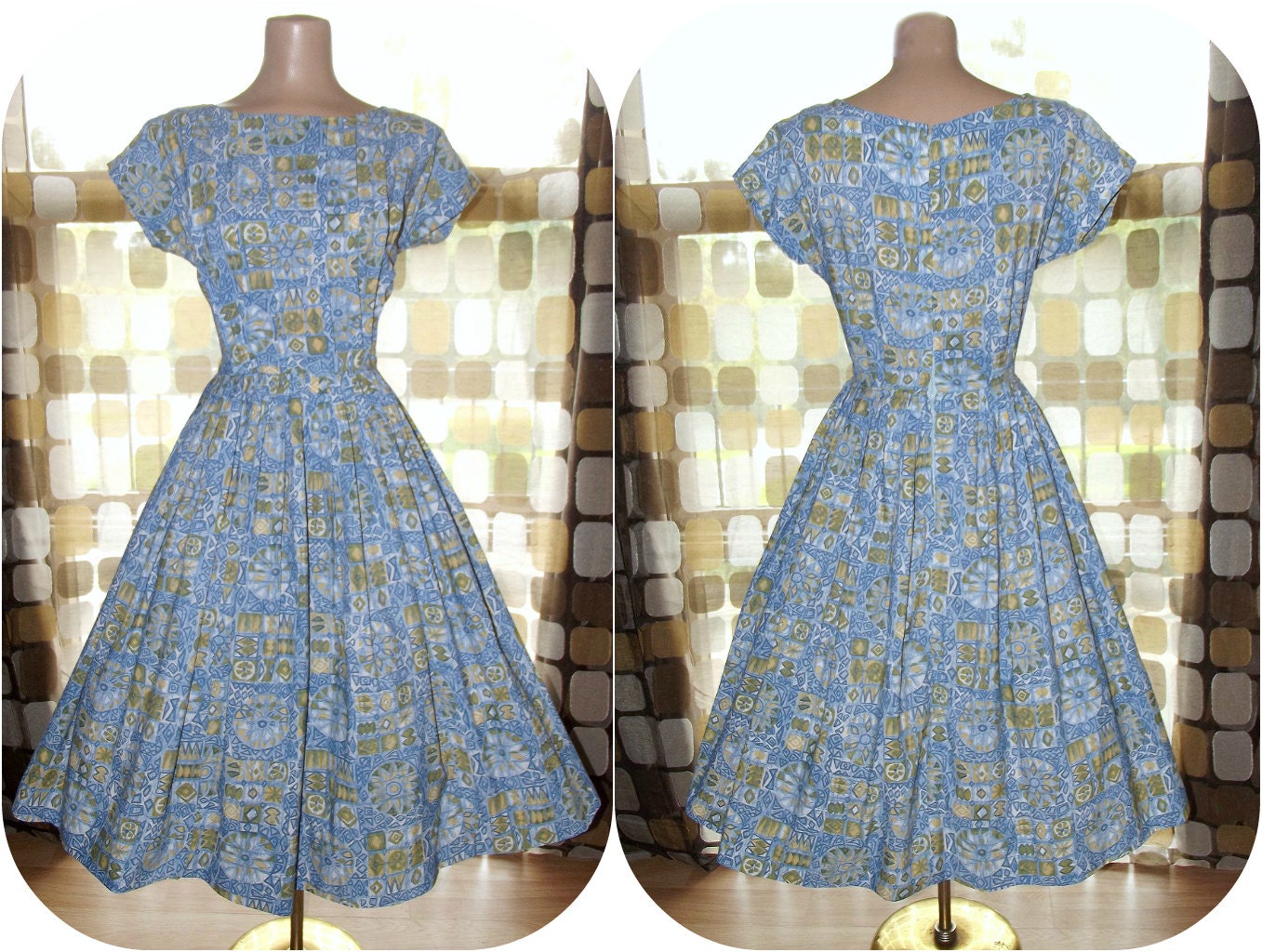 Vintage 50s Sky Blue Atomic Print Full Sweep Swing Dress LUCY M/L