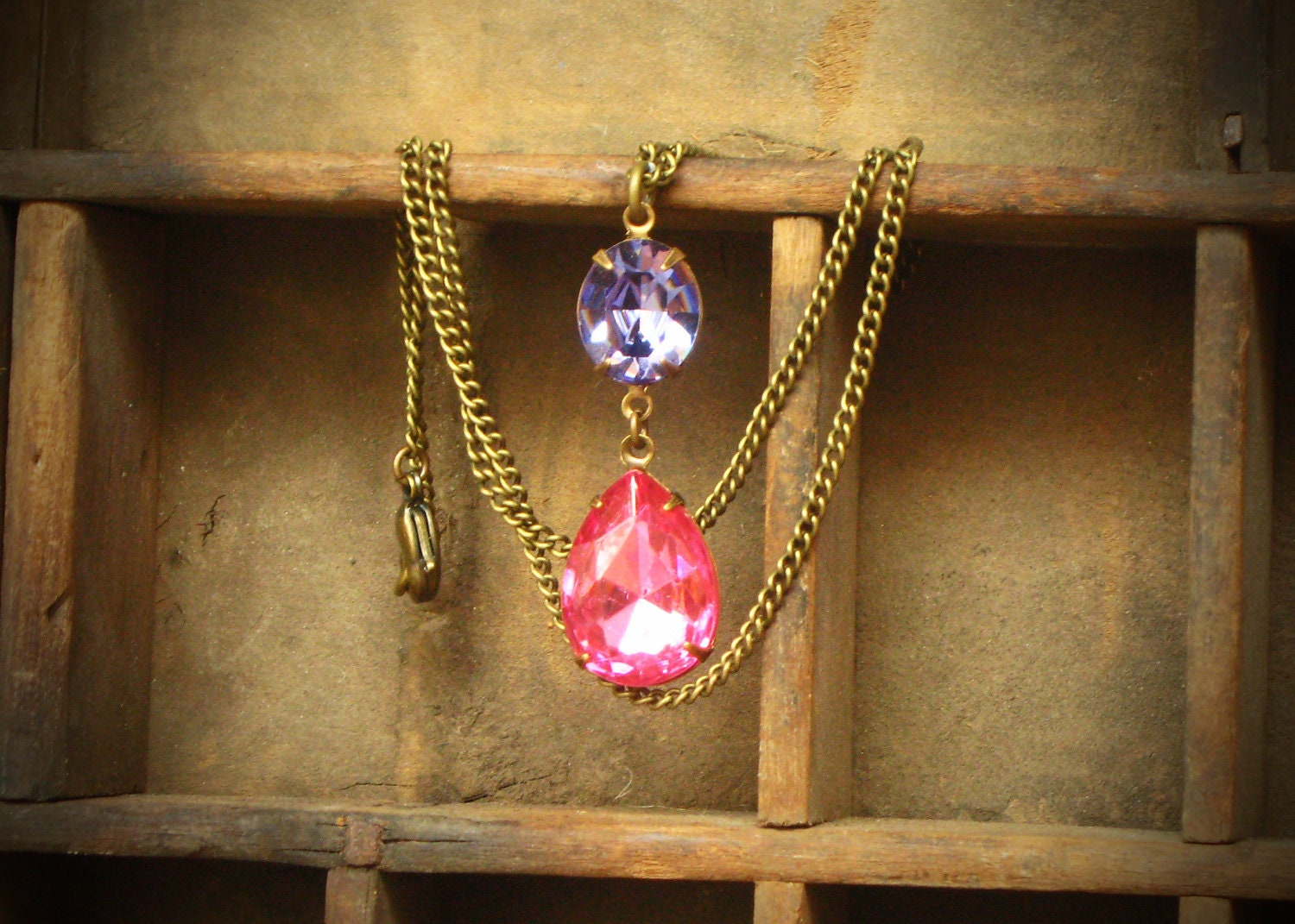 Pink and Purple Rhinestone Drop Necklace, Pear, Wedding, Bridesmaid