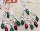 ON SALE Genuine Emerald And Ruby Gemstones Red And Green Chandelier Teardrop Dangle Handmade Earrings Jewelry With Sterling Silver Metal