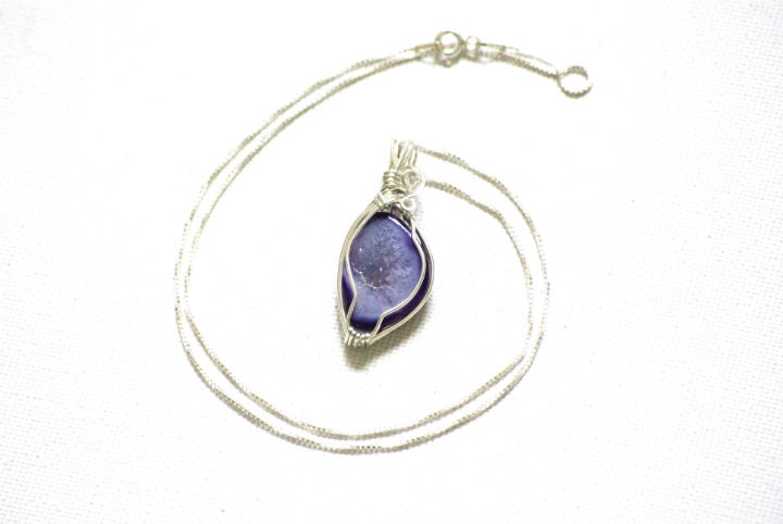 Sale Agate Geode Druzy Purple Mauve .925 Sterling silver Wire Wrapped Pendant with Sterling Chain Comes in Gift bag