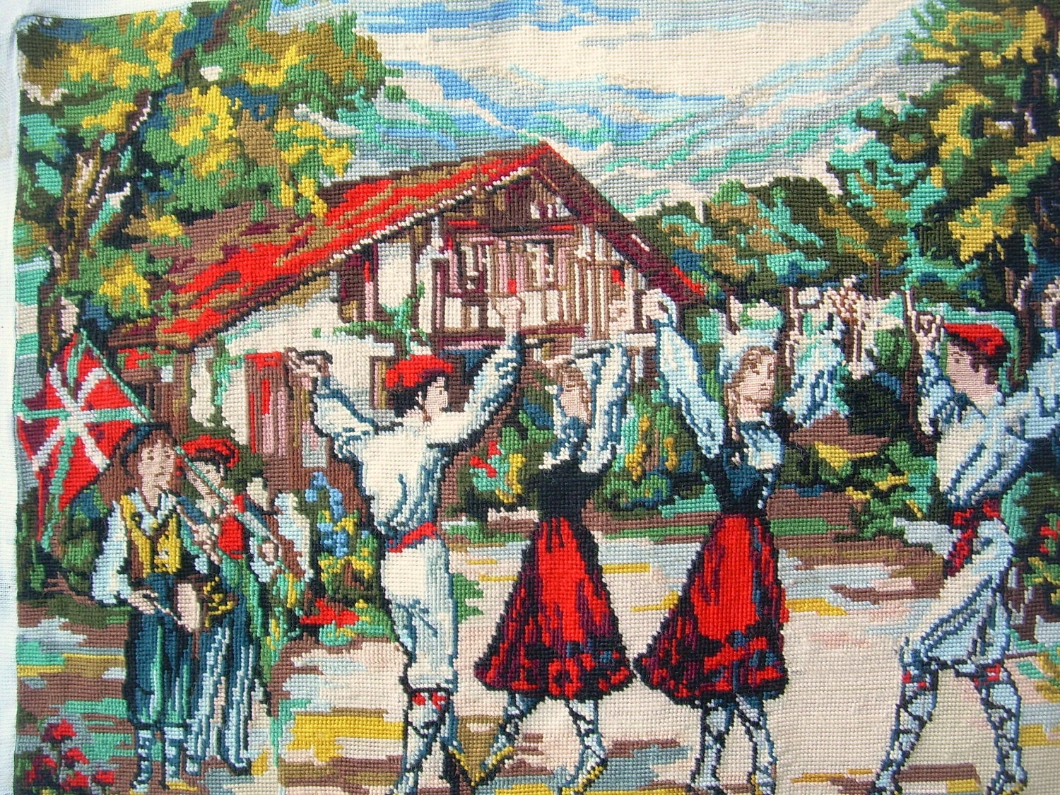 needlepoint tapestry, wall hanging, Basque Country fest in the village, basque flag,musician, Paris, France