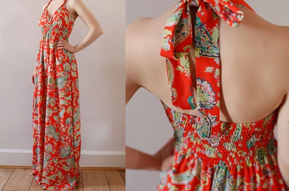 M Sassy orange/red paisley maxi dress with wide flare and metallic threads (size 12)