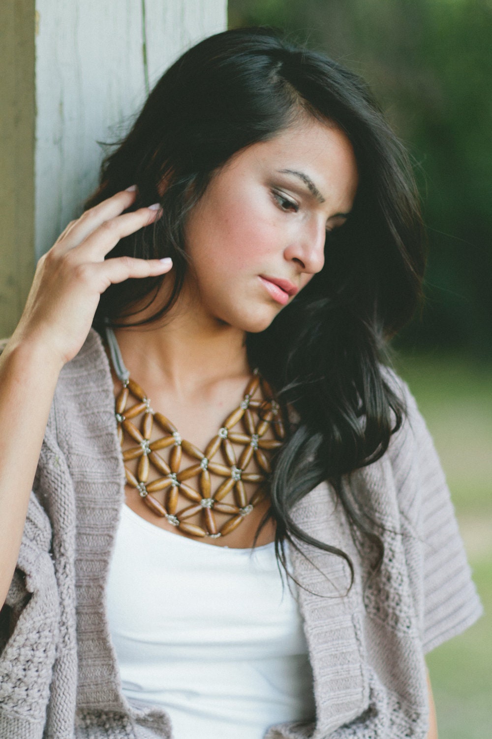 light brown rice wood geometric mosaic necklace