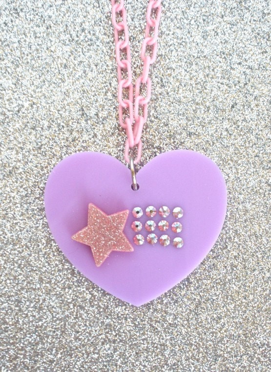 Shooting Star Swarovski Lavender and Pink Acrylic Heart Pendant Necklace
