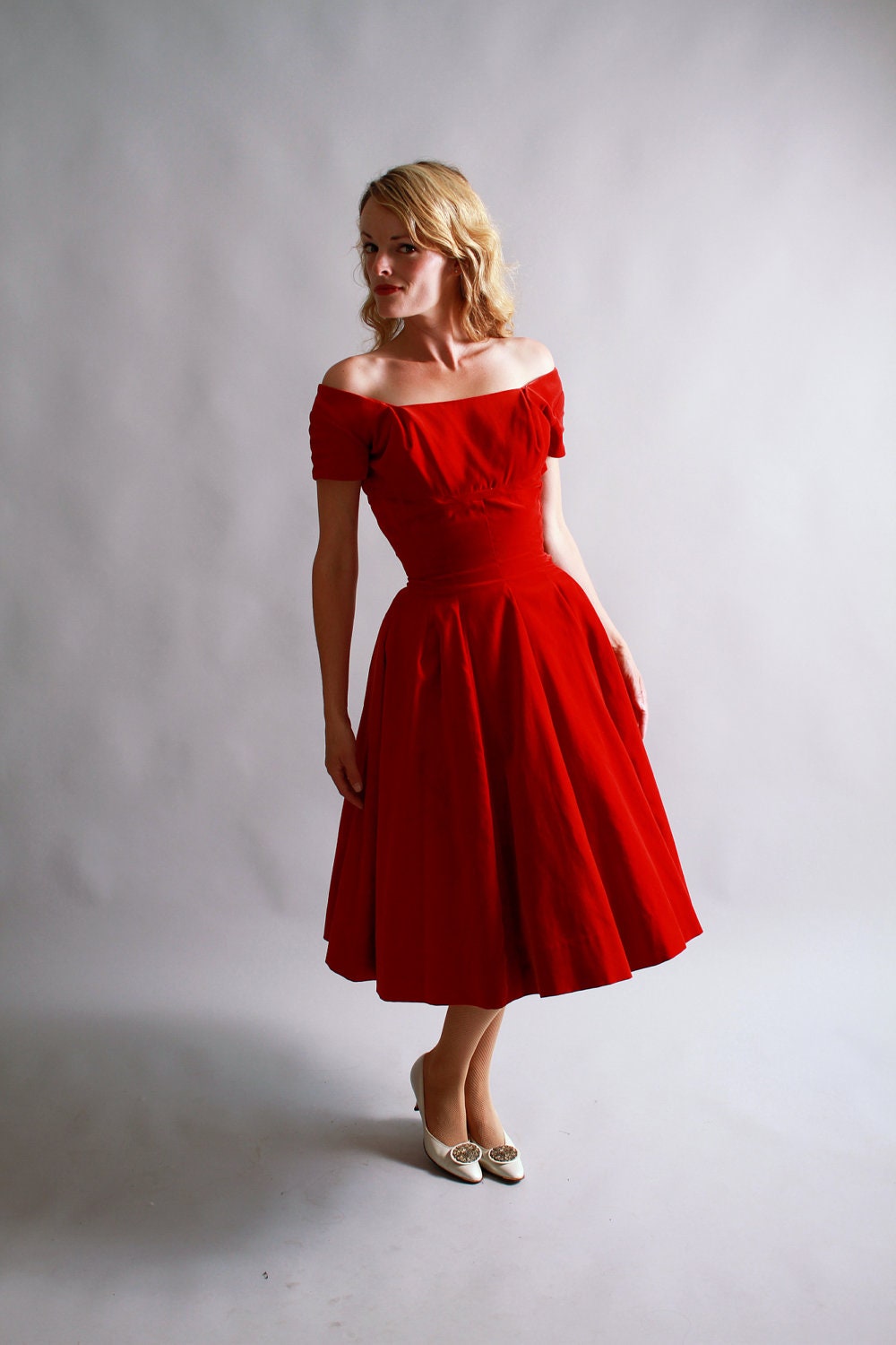 1950s party dress / 50s red velvet off the shoulder dress / Crimson Hearts