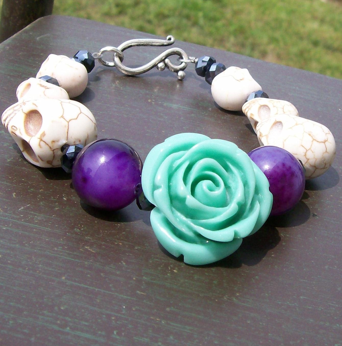 Blue Rose and Sugar Skull Bracelet Halloween jewelry