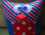 Handmade Plush Owl Toy - red white blue stripes, blue dot wings, red white polka dot tummy - Ready to Ship Same Day