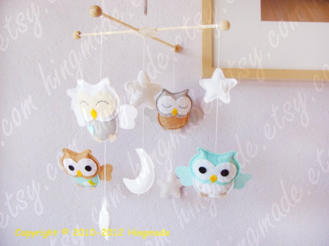 Baby Mobile - Owl Mobile - Nursery Mobile - Baby Shower Decor - Turquoise Gray White Tan Soft theme (You can Choose your colors)