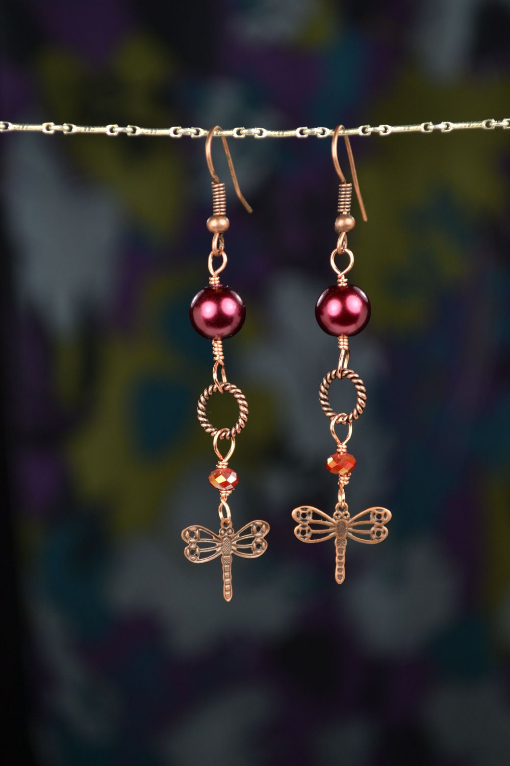 On Sale, Whimsical Dragonfly Burgundy Pearl Drop Earrings