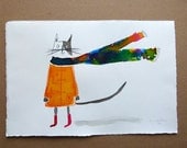 Cat ink illustration home decor, colorful cats yellow and rainbow watercolour feline artwork, original wall art. uk seller.
