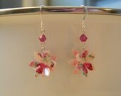 Paper Flower Earrings - Pink and Green Roses with Pink Swarovski Crystals
