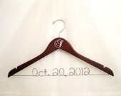 Wedding Dress Hanger with Monogram Initial and Wire Date, Name, Phrase. Dark Walnut Wood