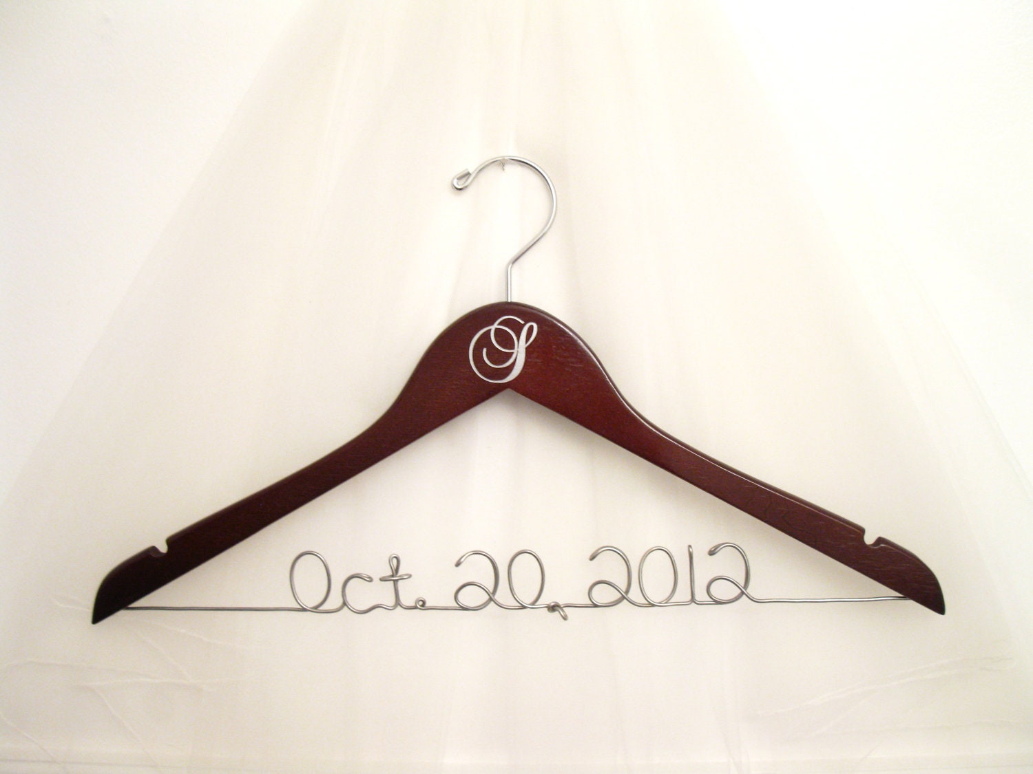 Wedding Dress Hanger with Monogram Initial and Wire Date, Name, Phrase. Dark Walnut Wood