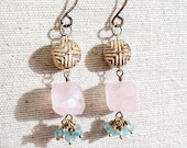 Rosa Earrings - Rose Quartz, Geometric Brass Beads and Aquamarine earrings