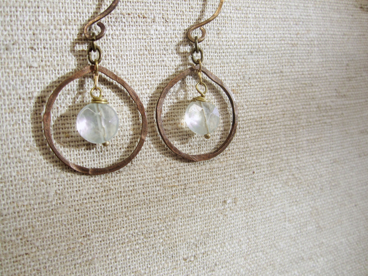 Everdeen Earrings in Prehnite- Faceted Prehnite with Hammered Copper and Brass