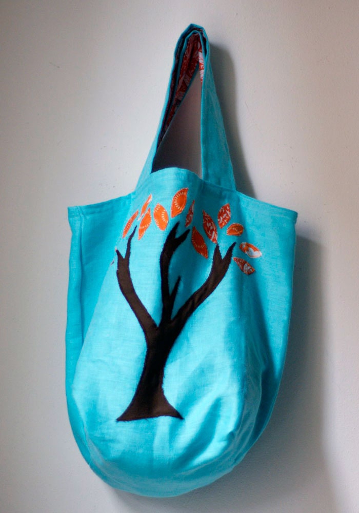 Blue and Orange Linen Tree Bag