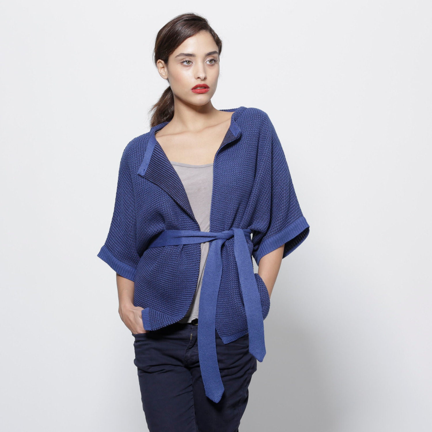 Blue cardigan women navey sweater jacket blouse winter fashion