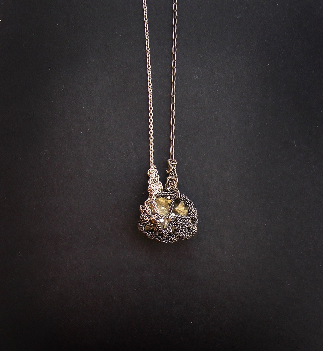 petite rustic pyirite & silver crochet necklace