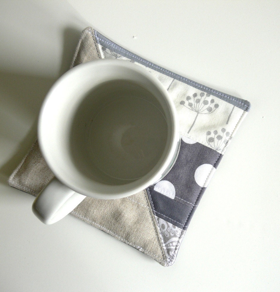 Mug Rug -- Linen, Grey, Patchwork -- Perfect Stocking Stuffer for Holidays