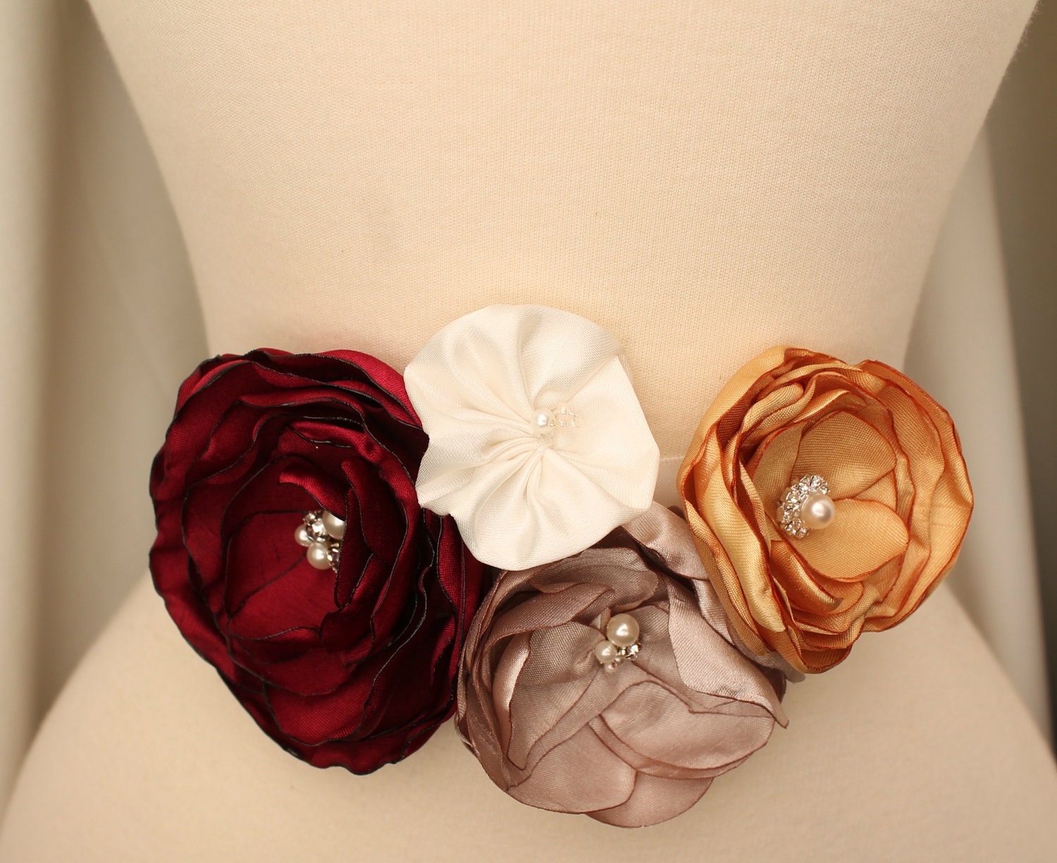 Bridal Floral Sash Belt Two Piece - Cranberry Champagne Gold Ivory Sash - Autumn Fall Winter Wedding - Bridesmaids Sashes - Many Colors
