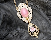 Pastel Pink Victorian Filigree Necklace in Antique Gold - Pendant, Vintage Components