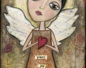 Mixed Media Art: Harmony Angel - 8x10 print - Whimsical Art, Folk Art, Inspirational Art, Wall Art, Angel Art - yellow, red, brown