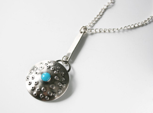 Turquoise Sleeping Beauty and Sterling Silver Pendant Necklace/Punctured/Domed/Unique "Crater" Design
