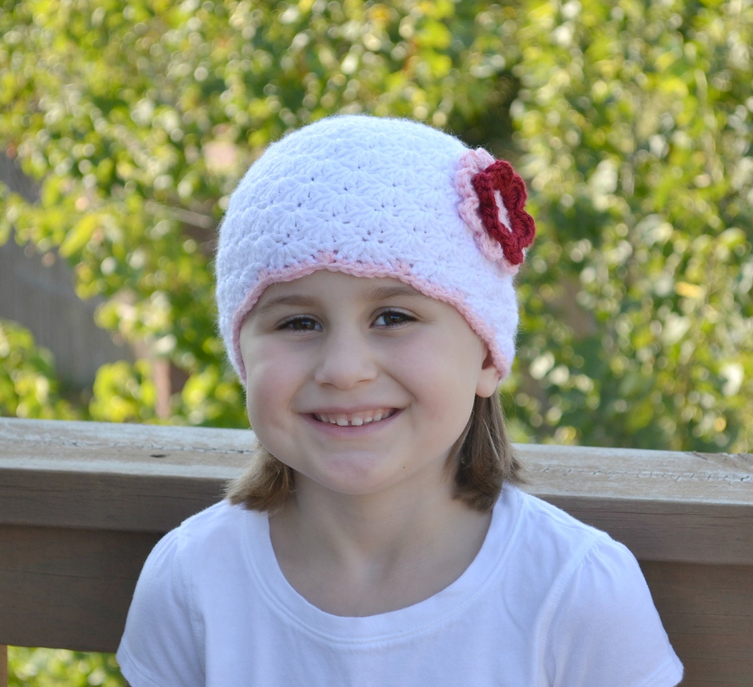 Crochet Toddler Shell Beanie Newborn to 5T White Hat and Soft Pink/Autumn Red Double Layer Flower - MADE TO Order