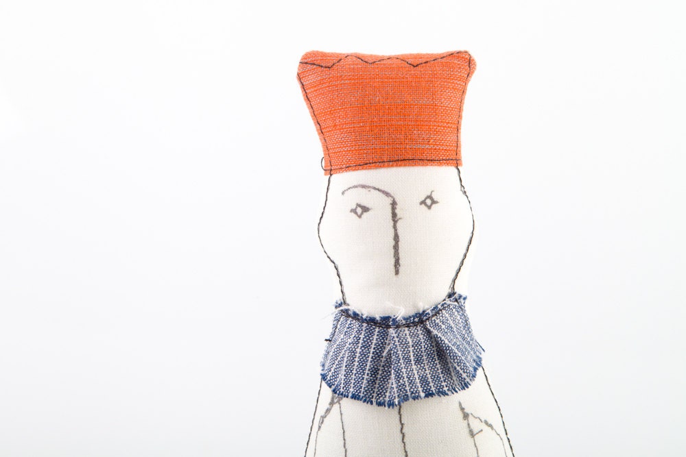 Friendly King or prince Wearing orange crown , striped scarf and blue robe  - handmade fabric Friendly doll