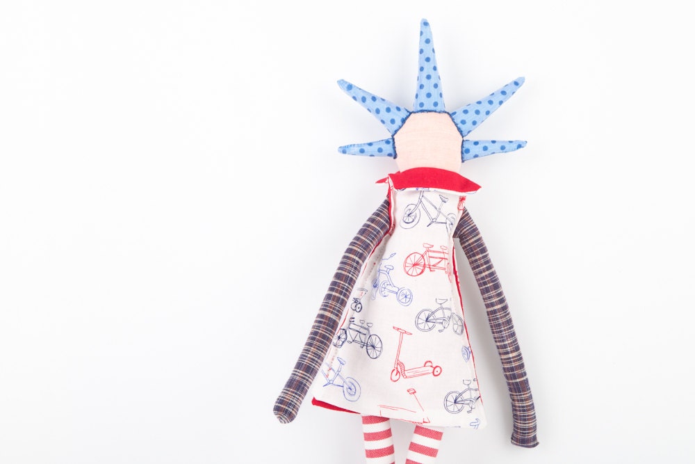 Bicycle Ooak doll  With cool blue spikes Haircut , Bicycle dress , red collar, striped pants. eco handmade doll