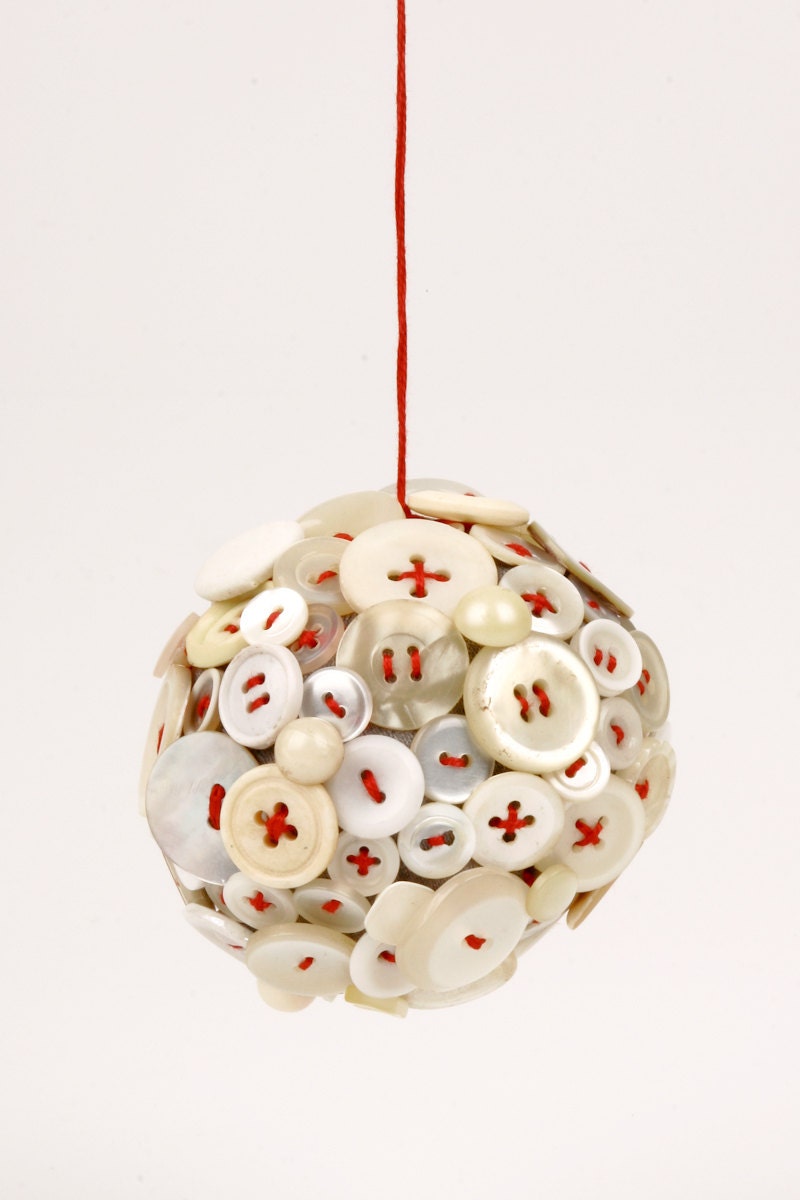 cyber monday - christmas tree ornament - Handmade Singular Ball ,White Vintage Button Collection With red embroidery thread stitching