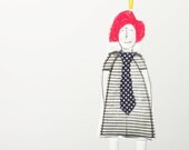 Christmas Tree Decorations black and white hip girl  With neon pink hair - Wearing striped dress and a polka dot tie - handmade fabric doll