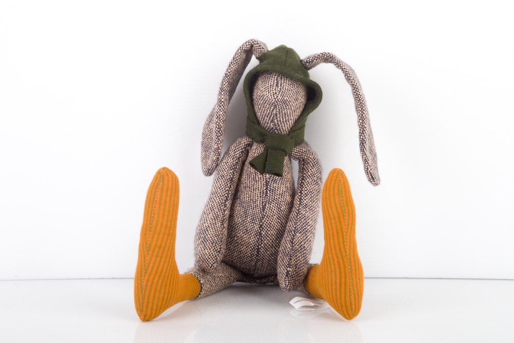 Easter Bunny - Small knitted silk rabbit Wearing Dark green wool Hood and Golden Copper socks - timohandmade Eco Stuffed Doll