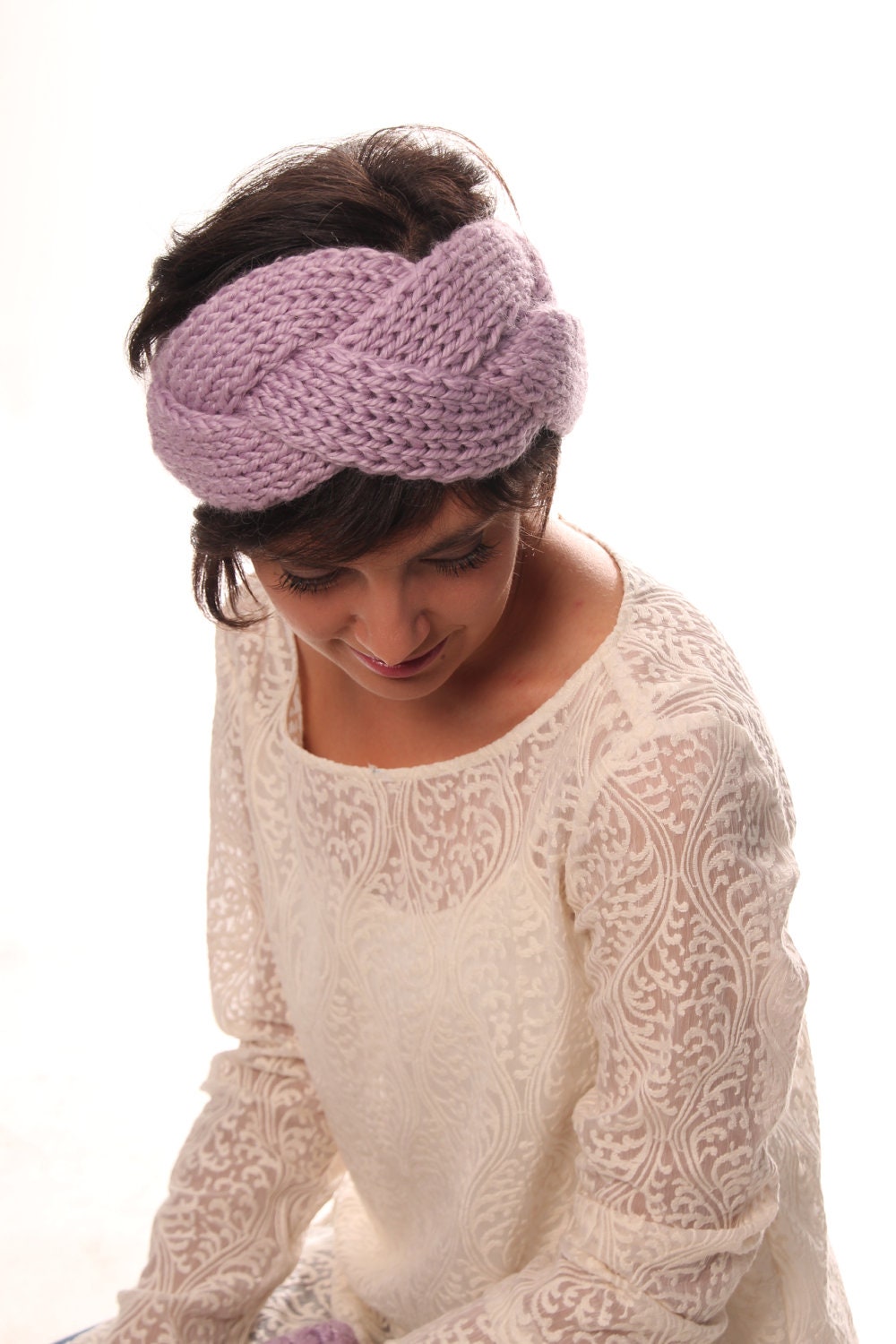 Cable knit headband / ear warmer in lavender color - made to order