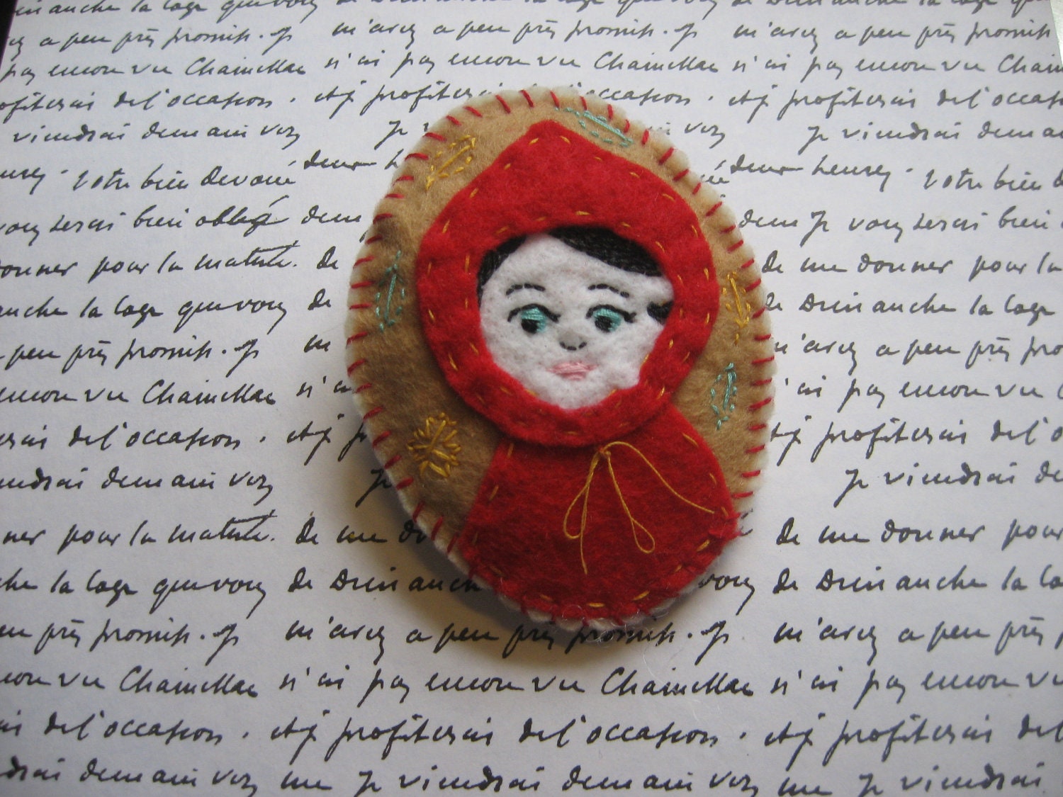 Sweet Little Red Riding Hood Felt Brooch- Hand Sewn - Kawaii - Made to Order