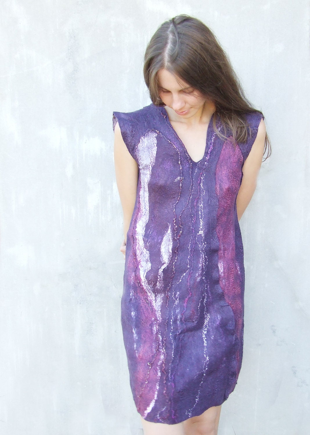 Purple felted dress, party wool plum dress winter fashion, OOAK, nuno felted dress size S M small medium