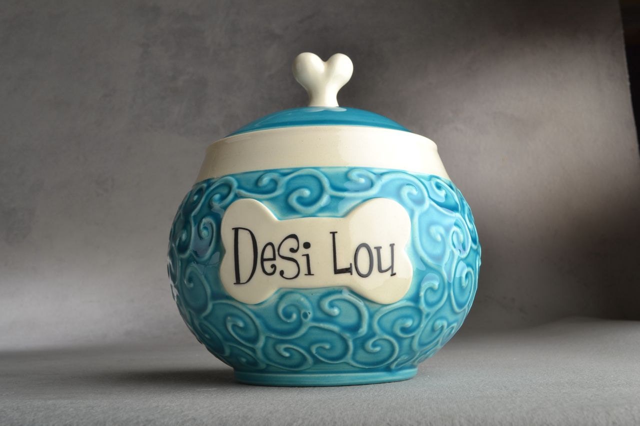 Dog Treat Jar  Made To Order Curls Blue Pet Treat Jar by Symmetrical Pottery