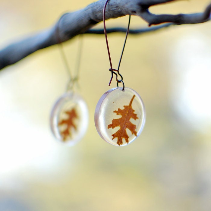 Pressed Autumn real oak leaf earrings - Fall Autumn woodland jewelry nature lover gift