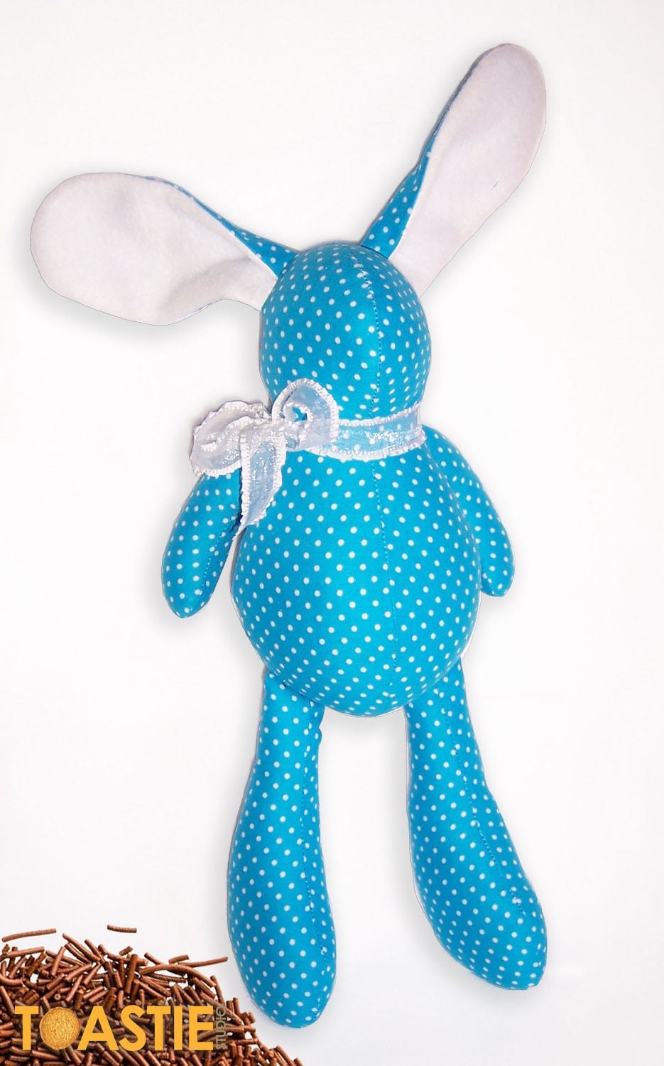 Rabbit Toy Blue Polkadot Fabric. plush baby bunny made from blue polka dot print fabric