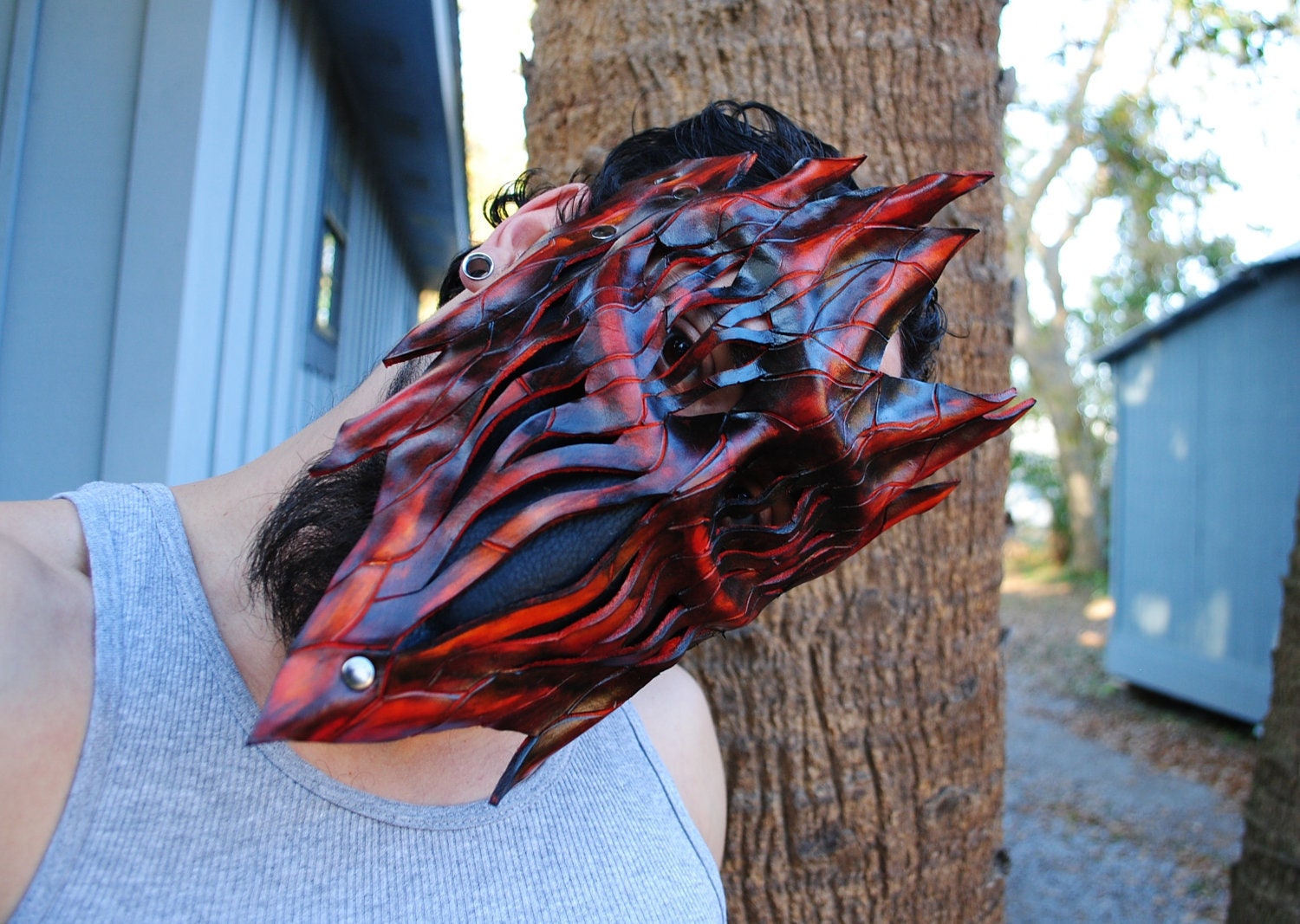 Leather Haunted Tree Ent Mask - Living Flame