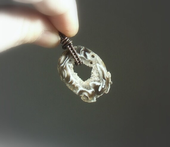 Druzy agate copper pendant, transparent stone handmade jewelry