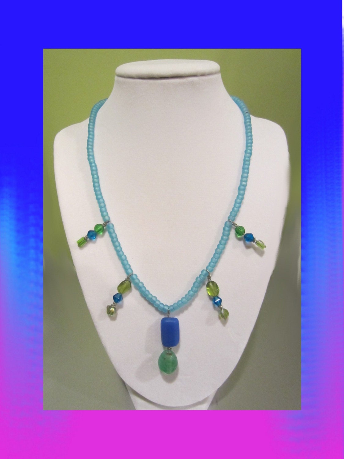 Mother's Day Necklaces, Artistic Jewelry,Handmade Original Jewelry, ,Colorful Green and Blue Beaded Necklace