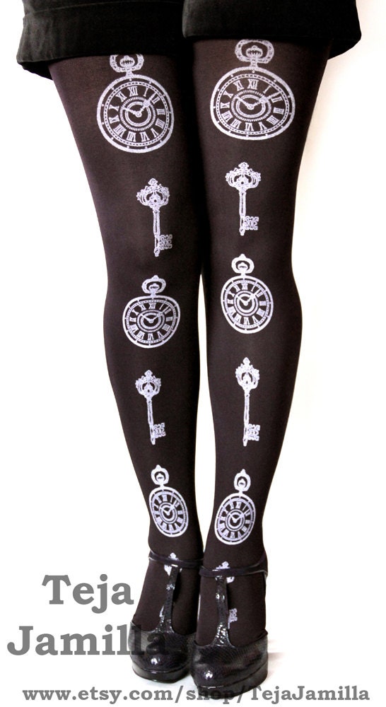 Pocketwatch & Keys Printed Tights White on Black Small Medium Clock Alice in Wonderland