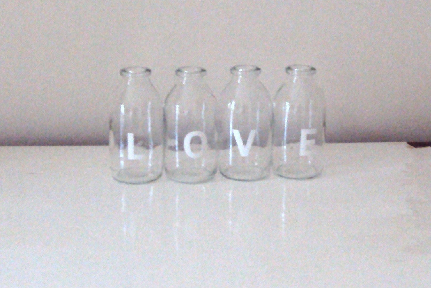 LOVE is in the air. Four upcycled glass mini milk bottles.Great WEDDING decor.