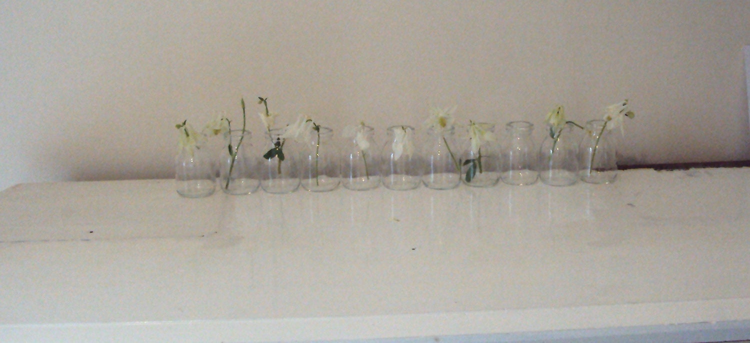 Eleven upcycled mini milk bottles.Great for weddings -vases-flowers