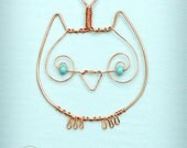 Owl Pendant - necklace hand made with copper wire and teal beads - artsy owl ornament